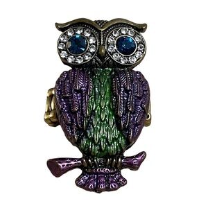 Vintage Boho Owl Ring Purple Green Rhinestone Adjustable Stretch Bronze Tone